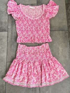 LoveShackFancy Kayla Floral smocked skirt set pink XS.